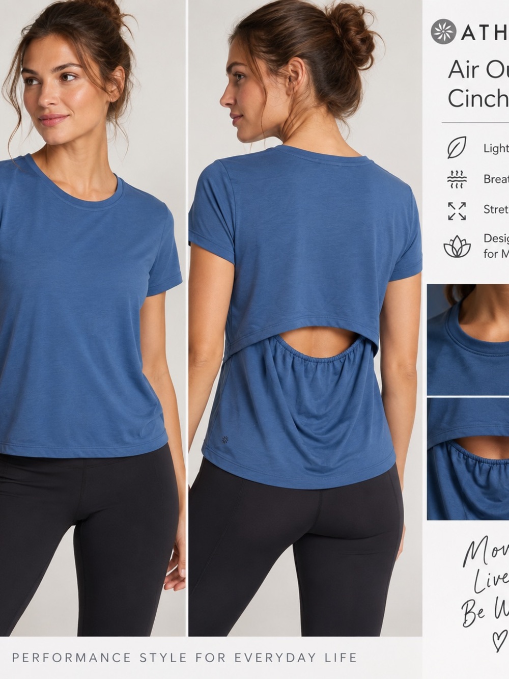 Athleta Air Out Cinch Tee Blue Open Back Yoga Workout Top XS
